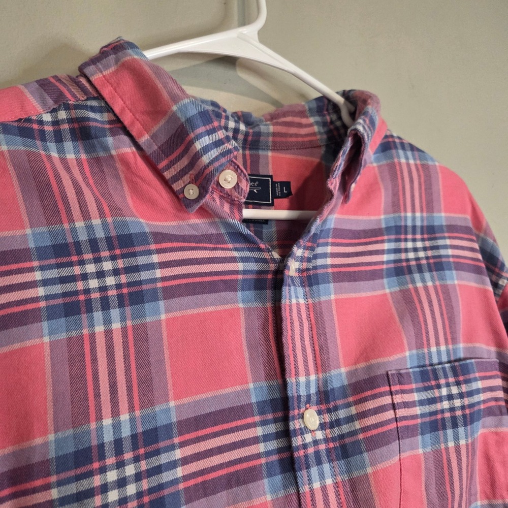 Vineyard Vines Plaid Button Down Shirt Mens Large Pink Blue Cotton Linen Classic